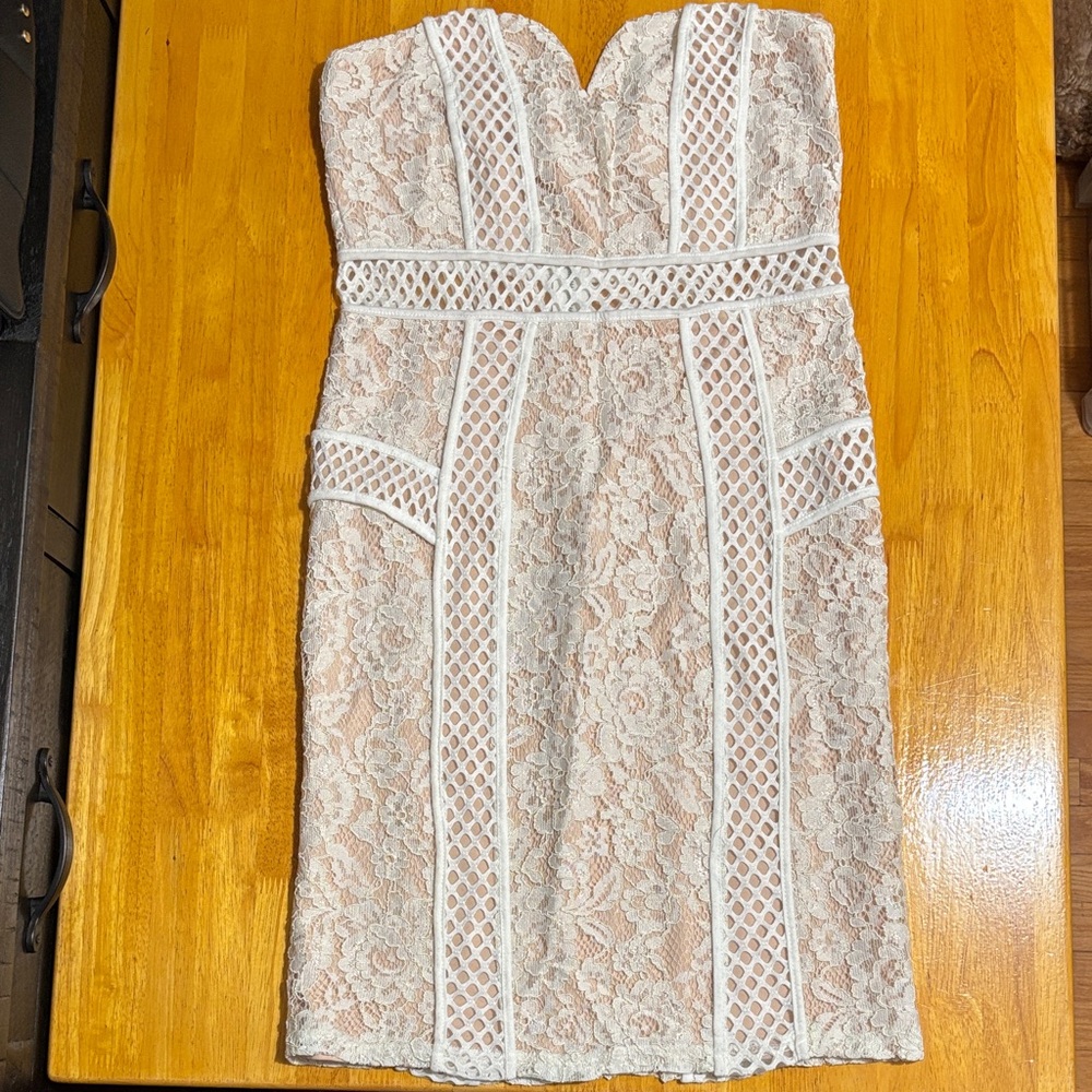 Just Me Strapless Lace Dress in Cream and White